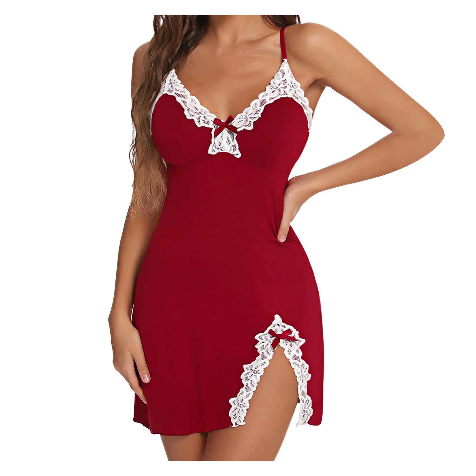 Women's Lace Silk Satin Nightgown – V-Neck Split Hem Sleeveless Sleepwear