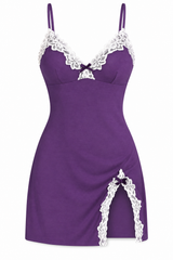 Women's Lace Silk Satin Nightgown – V-Neck Split Hem Sleeveless Sleepwear